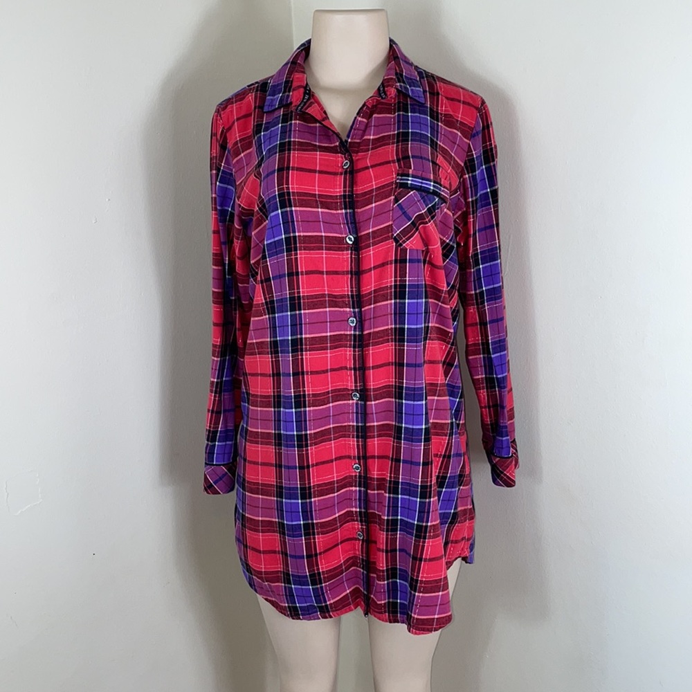 VS Plaid Flannel Long Sleeve Button Up Sleep Dress